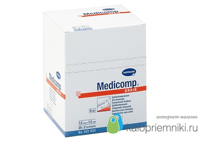Medicomp  drain steril  (Медикомп драин стерил) - Салфетки (стерильные): 10 х 10 см; 6 слоёв; 25 х 2 шт.